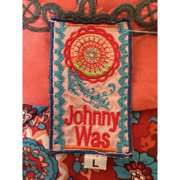 Johnny Was Silk Coral Sheer Floral Tunic Top w/Lace Trim Size L - Picture 9 of 10
